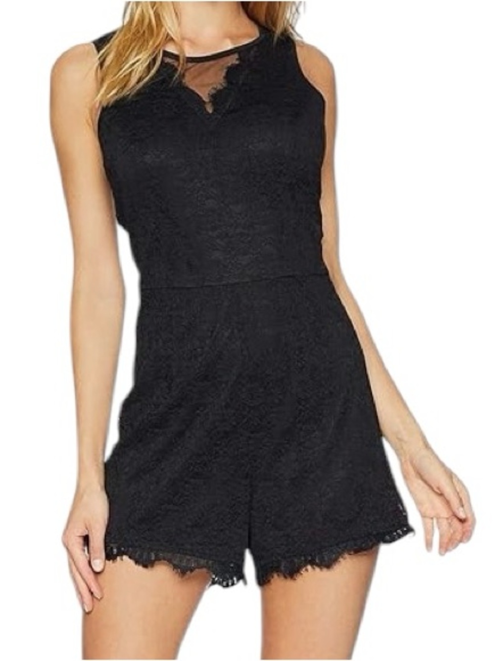 bebe Lace Sleeveless Romper w/ Sheer V-Neck, Scalloped Hem, Fitted Waist Black 2